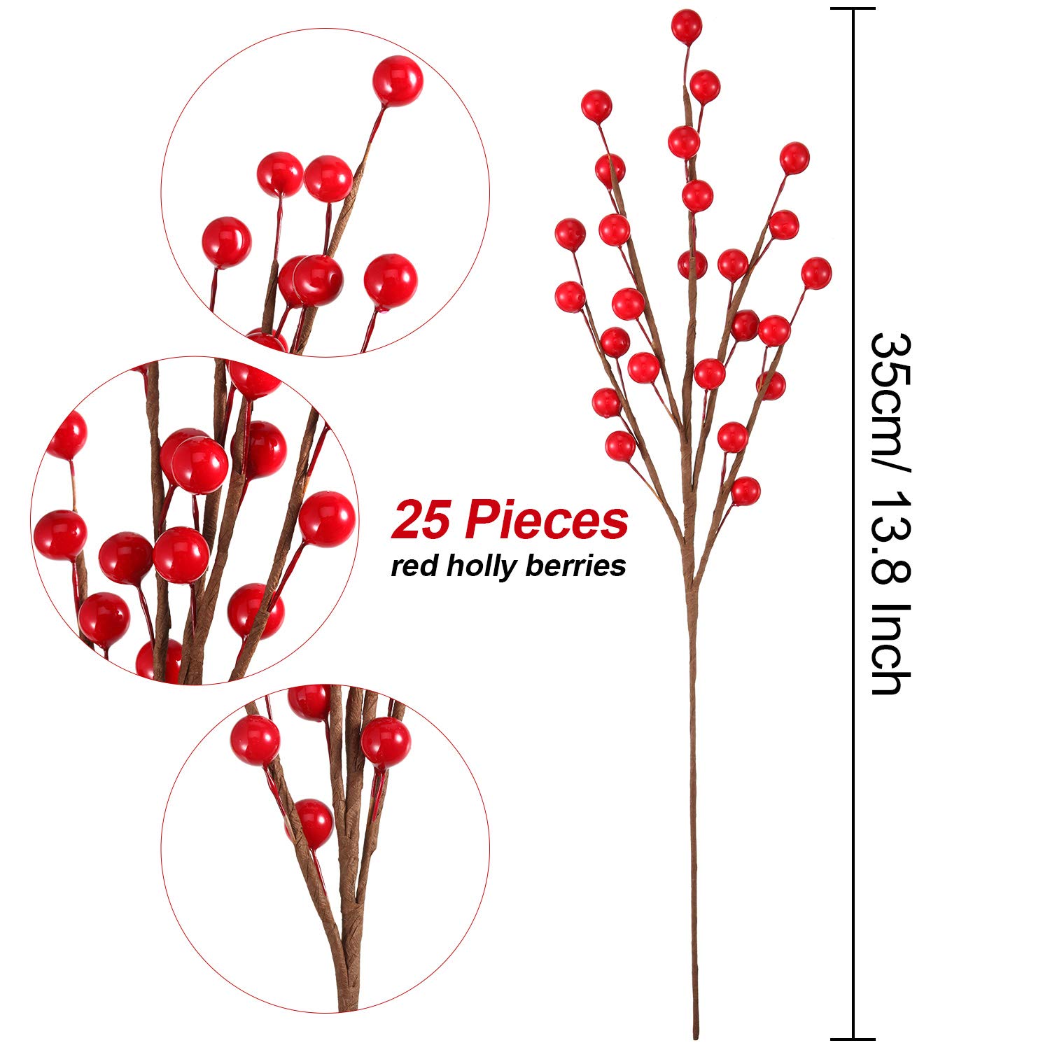 20 Pièces Baies Rouges Artificielles de Noël Fleurs Artificielles à Tige de Brindille Bouquet de Fausses Baies d'hiver pour Décorations d'arbre de Noël et Bricolage
