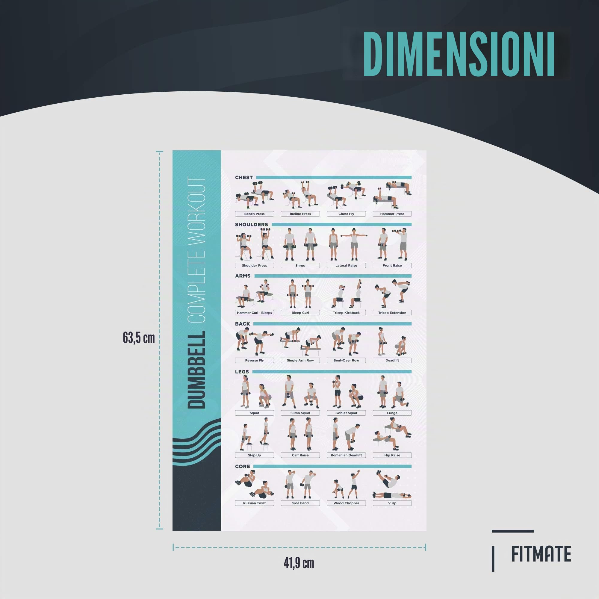 FitMate Poster per esercizi con manubri e pesi gratuiti 42 x 63 cm decorazione palestra casa