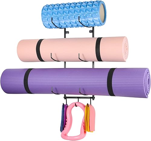 Yoga Mat Holder Wall Mount Yoga Mat Storage Rack with 3 Hooks for Hanging Yoga Strap Resistance Bands 3 Sectional Storage Foam Roller and Block at