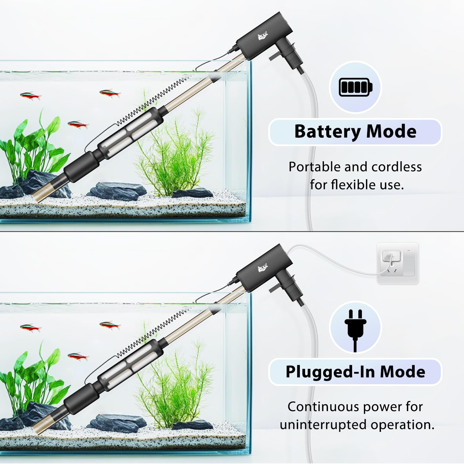 Pulitore per Acquario Elettrico Ricaricabile 8W, Aspiratore Gravita con 4 Livelli di Aspirazione Regolabili, Cambio Acqua Automatico, Rimozione Detriti e Lavaggio Sabbia per Acquari di Pesci