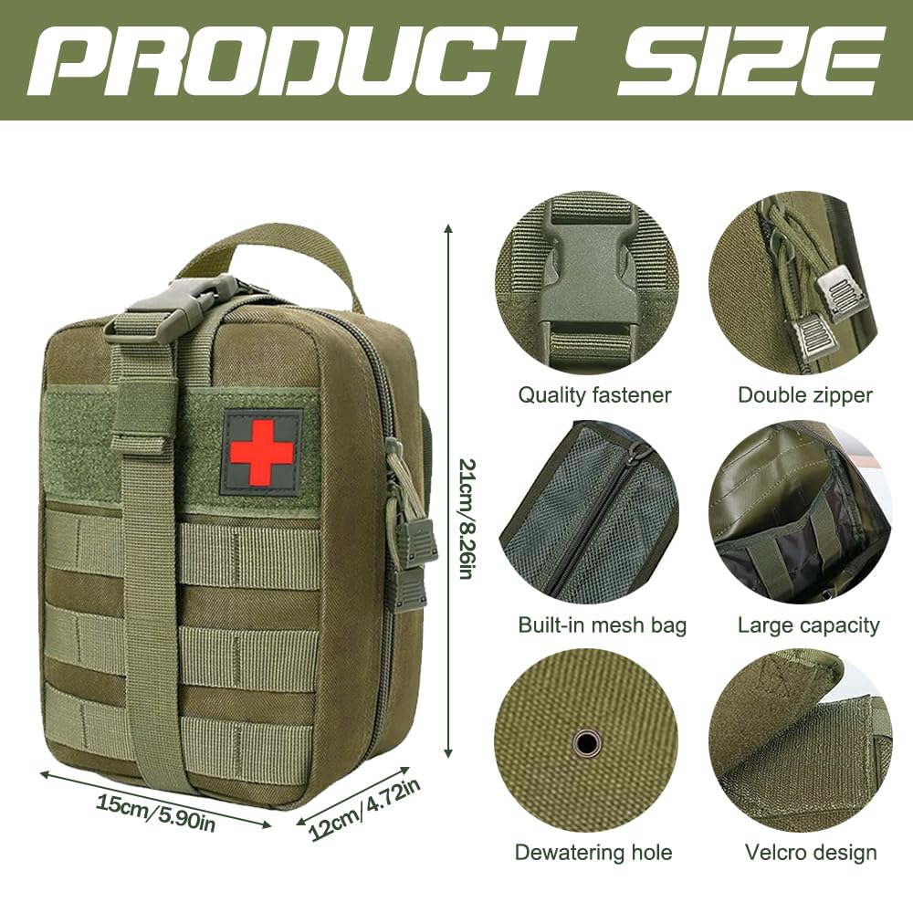 Trousse de Secours Tactique 49 Accessoires - Kit de Survie Médical pour Activités en Plein Air, Moto, Escalade et Bivouac - Sacoche de Premiers Soins Portable et Résistante(Vert)
