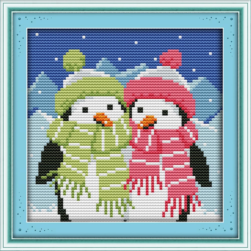 Meecaa Cross Stitch Kits 14 Count Stamped, Penguin Lovers Animals Embroidery Kit with Accessories Pre Printed（18×18CM (Penguin)