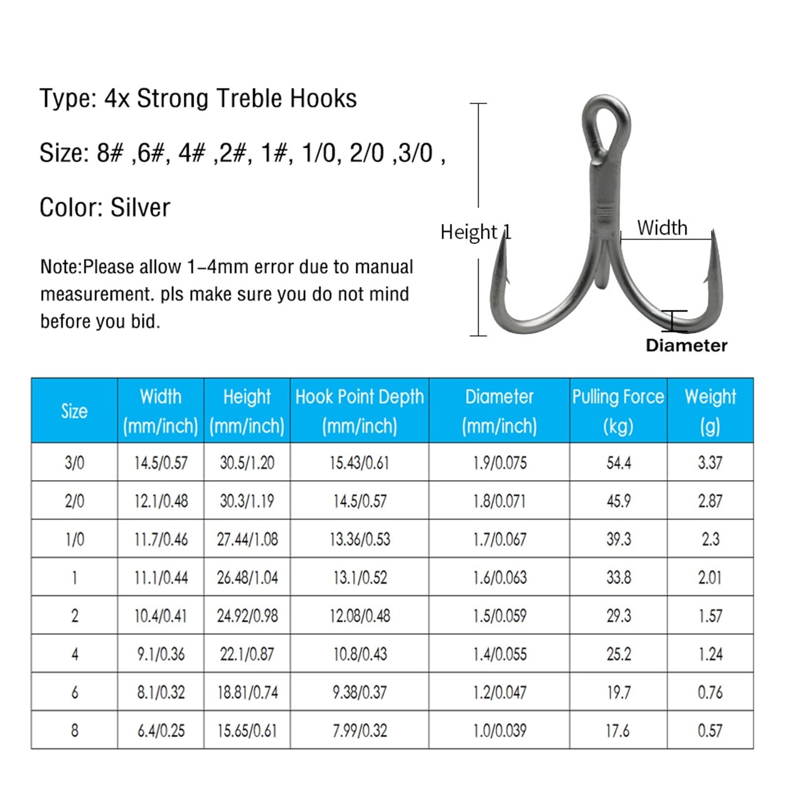 30 hameçons triples 4X en Acier à Haute teneur Carbone, de pêche ardillon Pointus for Eau Douce/salée