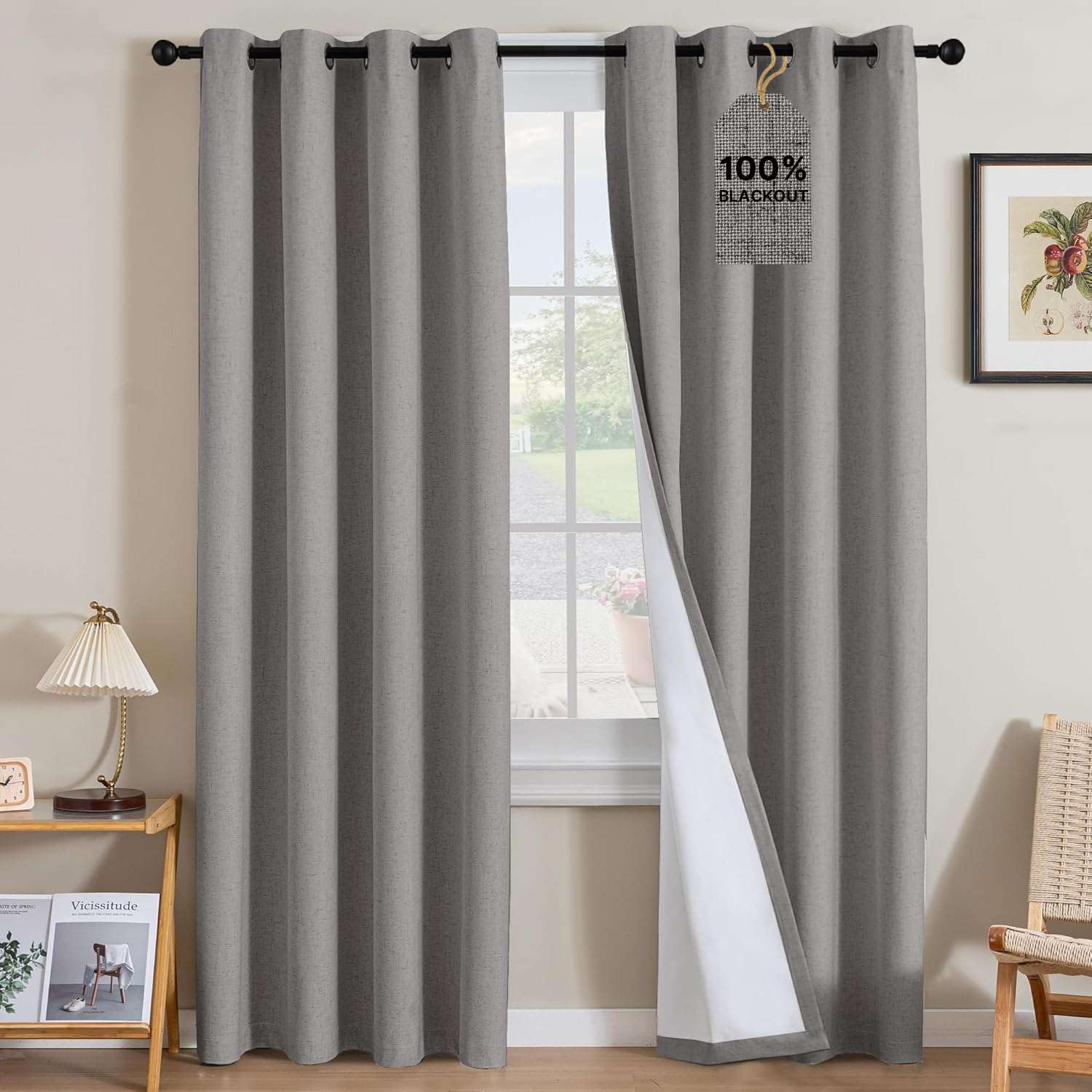 H.VERSAILTEX Linen Curtains 100% Blackout Curtains for Bedroom 102 inch Long Full Light Blocking Nature Linen Blended Window Curtains for Living Room Nickel Grommet (2 Panels, Heathered Dove)