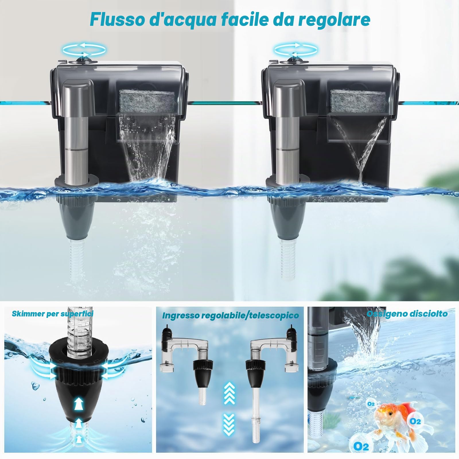 Tararium Filtro a Zaino con Lampada U-V 600L/h per acquari da 40-150 Litri | Filtro da Appendere Come Filtro Esterno 4 in 1 con aspirazione Superficiale per Acqua Dolce/salata