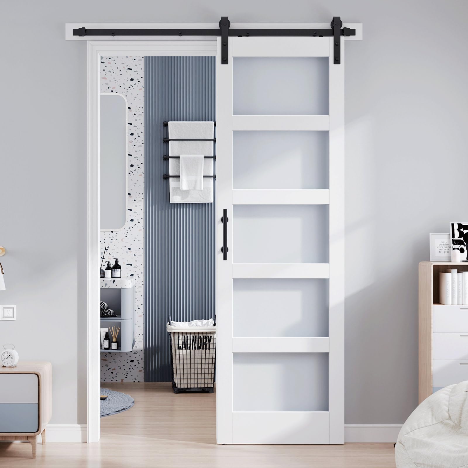 30x96 inch glass sliding barn door slab and 5.5ft hardware kit included, 5 frosted glass, lvl wood panel covered with white water-proof scratch-proof pvc surface, simple diy assembly