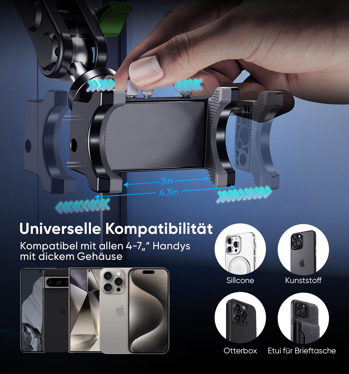 MAGIC JOHN Supporto per telefono da auto, girevole a 360°, forte aspirazione e morsetto stabile, per iPhone per Samsung, auto per smartphone da 4 a 7" (lungo)