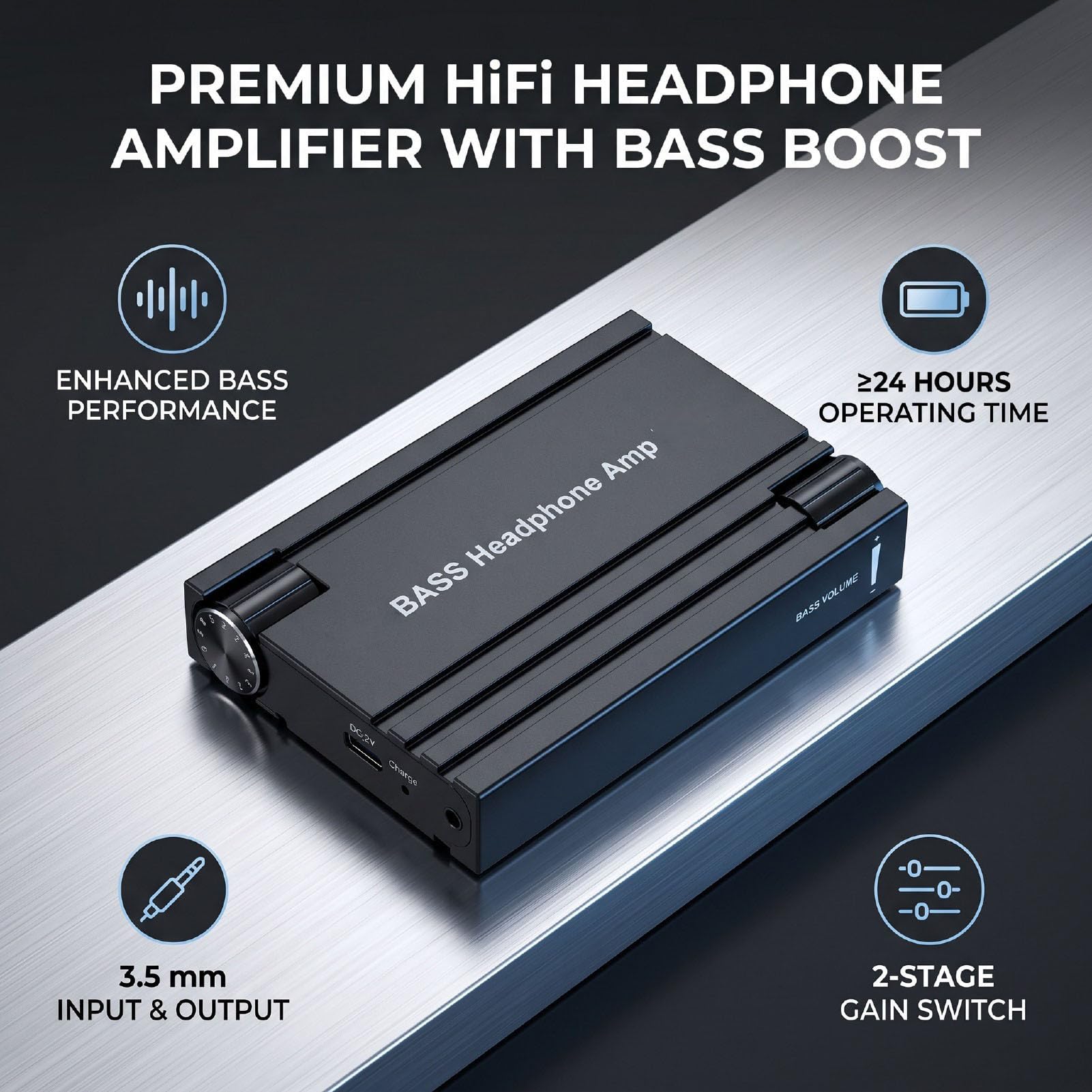 Fabater Amplificatore per Cuffie, Amplificatore HiFi Portatile in Alluminio da 16-300 Ohm, Jack da 3,5Mm USB Ricaricabile, Interruttori GAIN a Due Stadi, Controllo Potenziamento Bassi