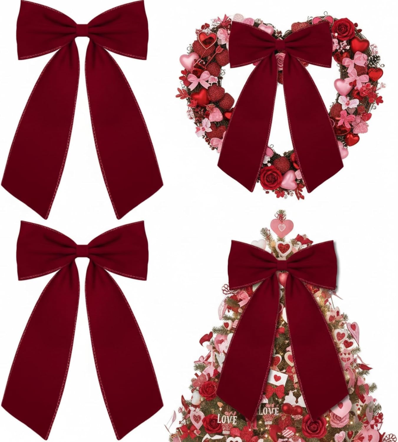 Riceshoot 24 Pcs 10 x 16 Inch Large Bows Valentine's Day Tree Decorations Velvet Ribbon Tree Topper Velvet Wreath Bows with Wired Edge for Valentines Home Fireplace Indoor Outdoor Decor (Black)
