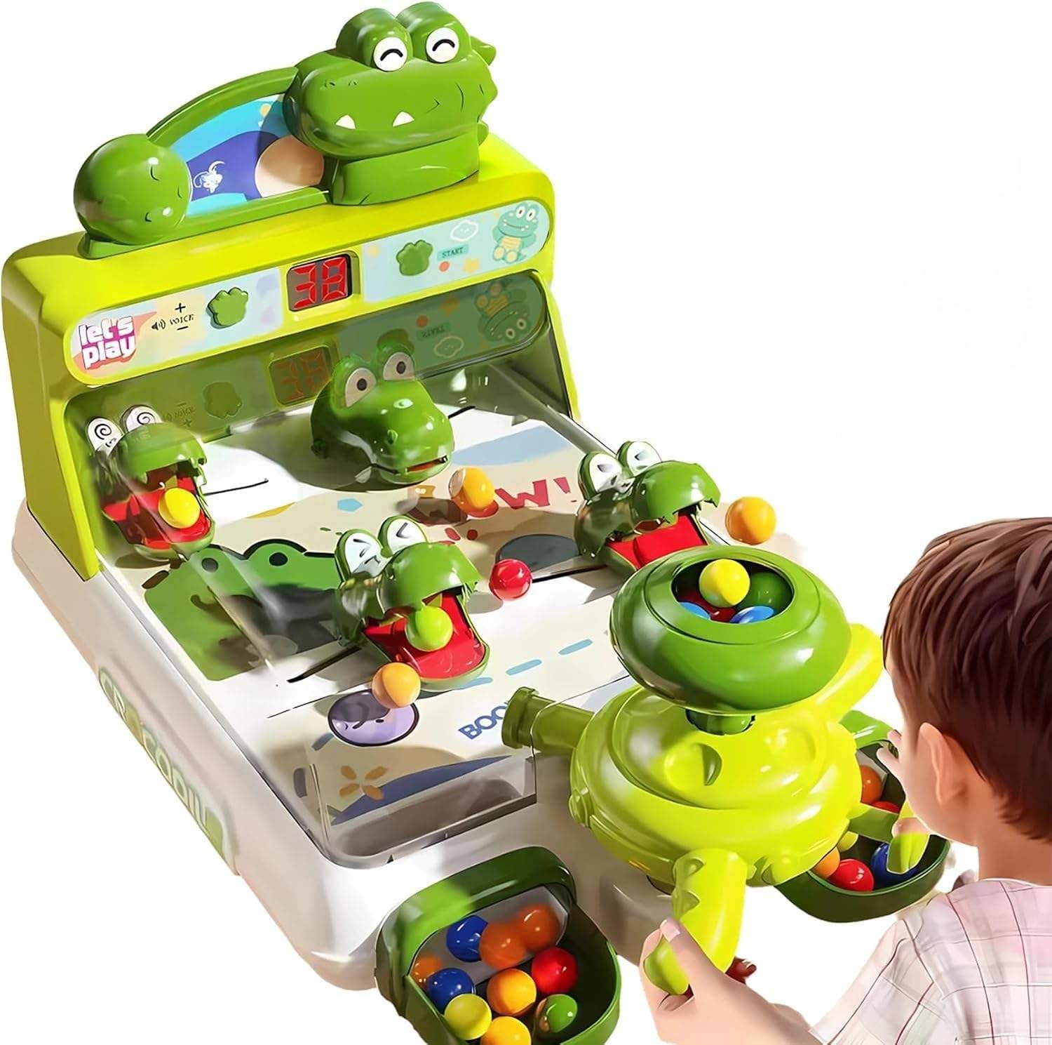Dinosaur Crocodile Pinball Machine, 3-in-1 Tabletop Arcade Game Set with Interactive Multi-Game, Plastic, for Kids (Green)