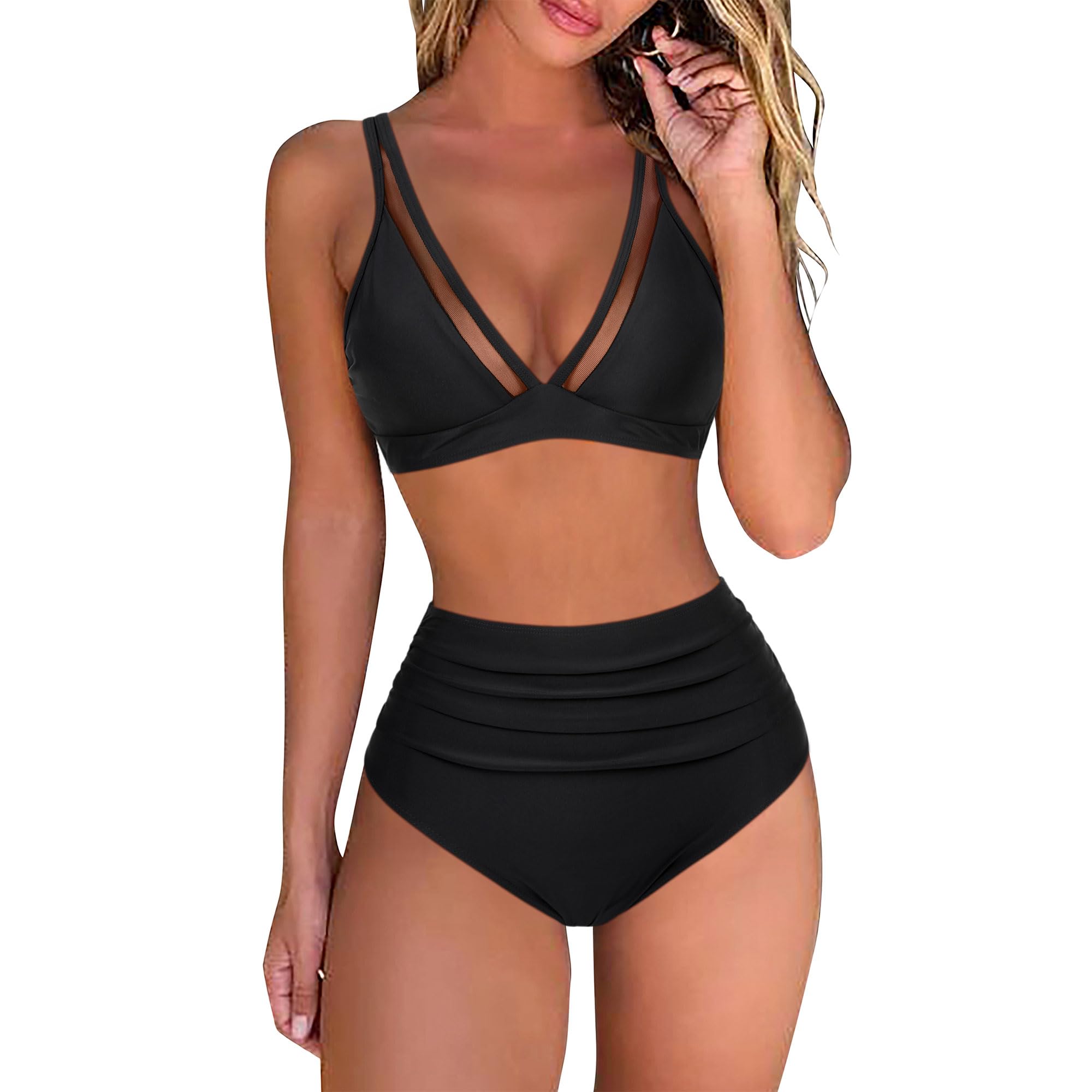 RXRXCOCO Women Mesh V Neck Two Piece Swimsuit High Waisted Bikini Set Ruched Tummy Control Bathing Suits