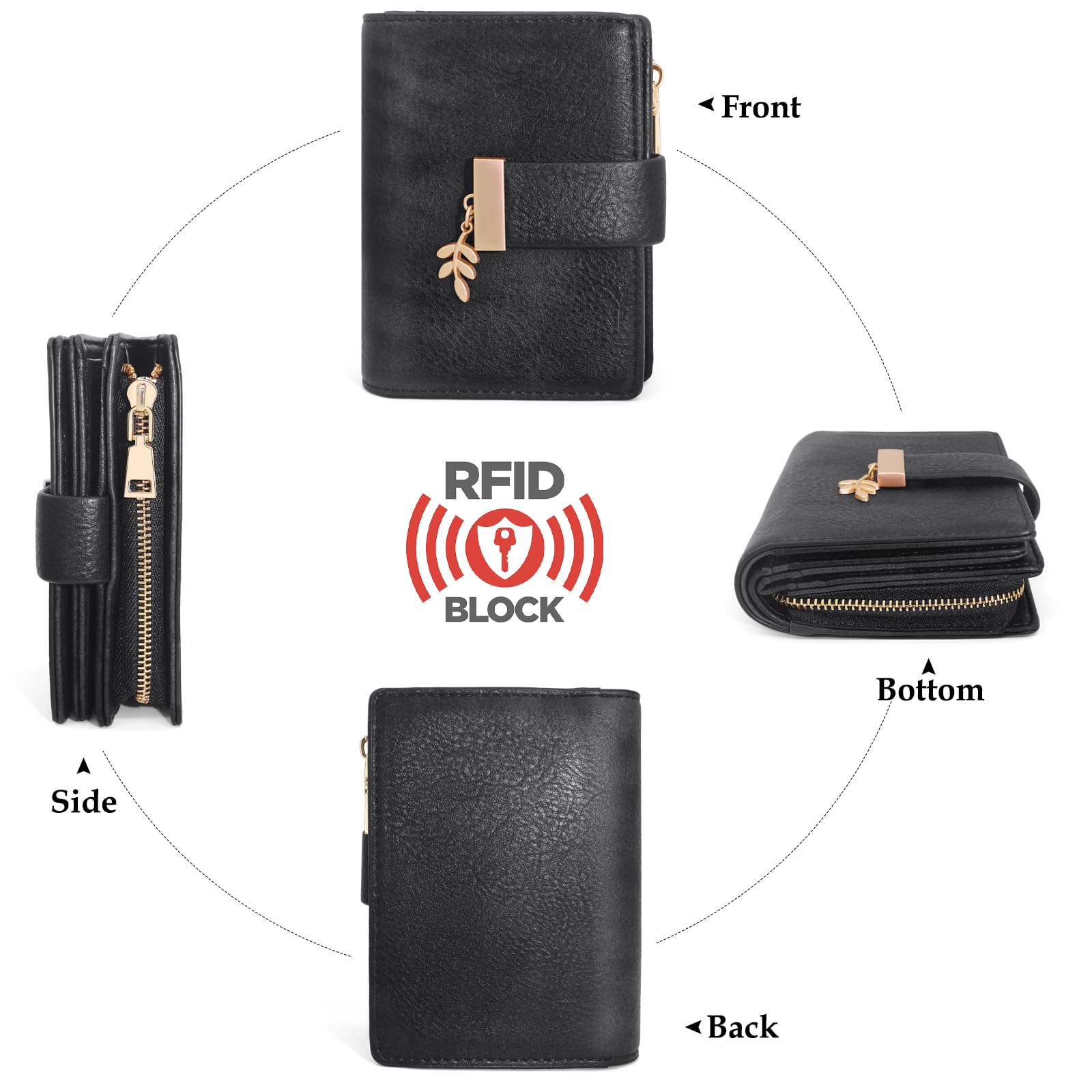 REETEE Portafoglio Donna Piccolo in Pelle PU, Portafogli Corto con Protezione RFID, Portafoglio da Donna con Cerniera Portamonete e 19 Scomparti per Carte (nero)