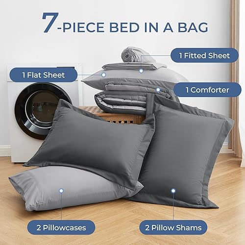 Miniatura 6 de Sasttie Juego de edredón tamaño Queen, 7 piezas de cama en una bolsa, tamaño Queen, juego completo de ropa de cama que incluye edredón, sábana