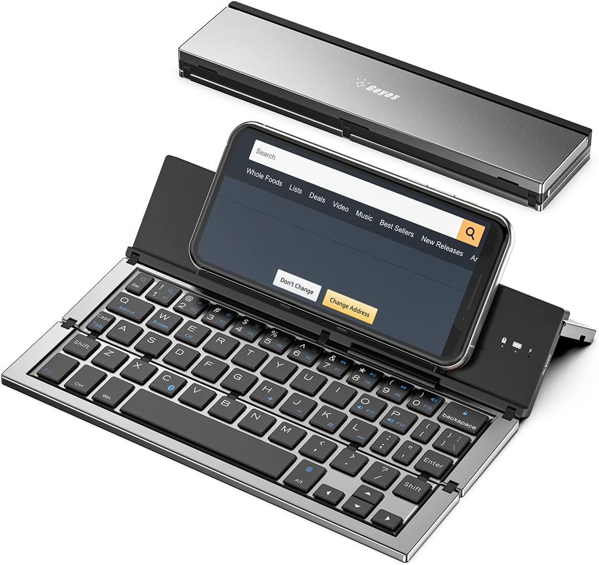 Foldable Bluetooth Keyboard with Stand Holder, Rechargeable Full Size Ultra Slim Folding Keyboard Compatible iOS Android Windows Smartphone Tablet and Laptop (Gray)