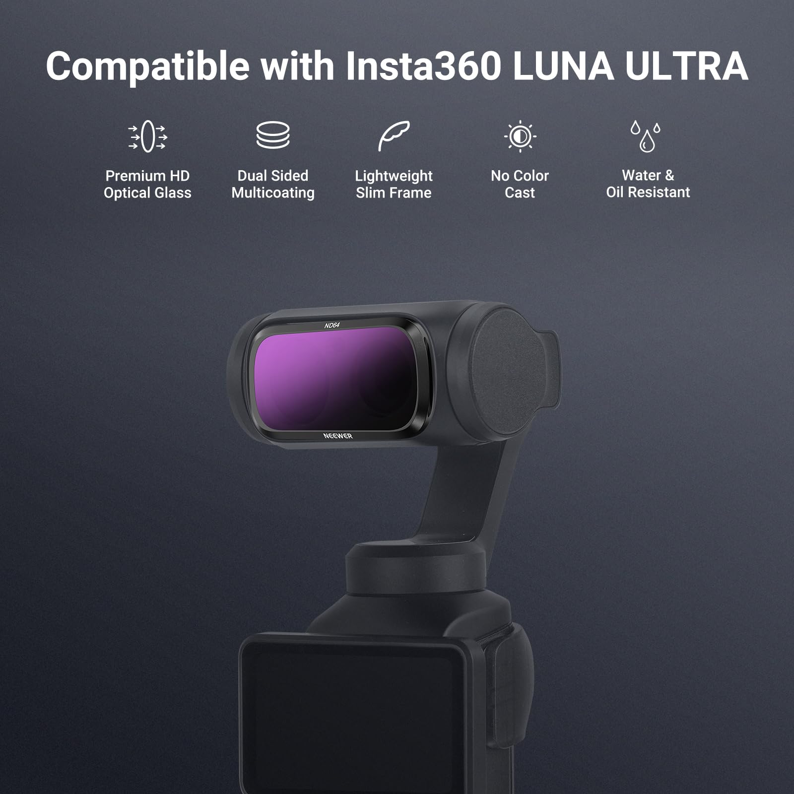 NEEWER Juegos de Filtro ND Solo Compatible con Insta360 Luna Ultra, ND8 + ND16 + ND32 + ND64 HD Kit de Accesorios Fotografía con Filtro Densidad Neutra Lente Objetivo Action con Estabilizador, FL-L01