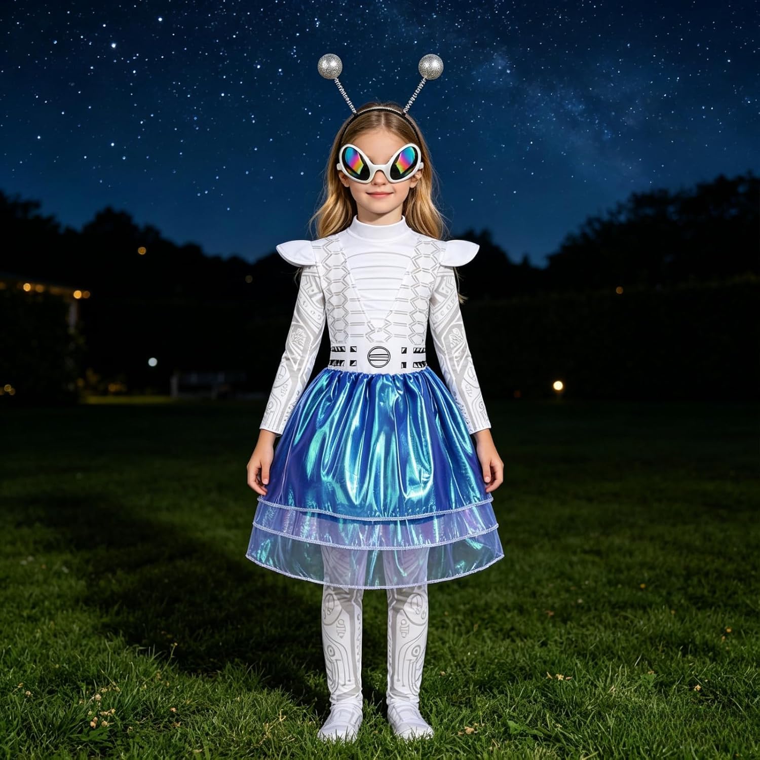 LMYOVE Alien Costume for Kids Girls Halloween Birthday Space Themed Party Cosplay Alien Outfit 4PCS Set