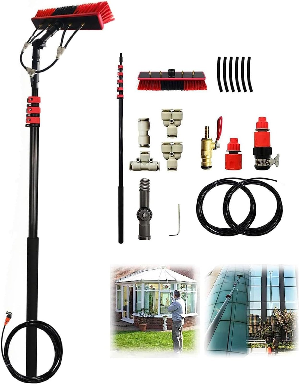 Kit per la Pulizia di finestre con Asta Estensibile da 3,6 Metri (12 Piedi) e Testina Regolabile per la Pulizia di Pannelli solari e tetti. Sistema di Alimentazione ad AC