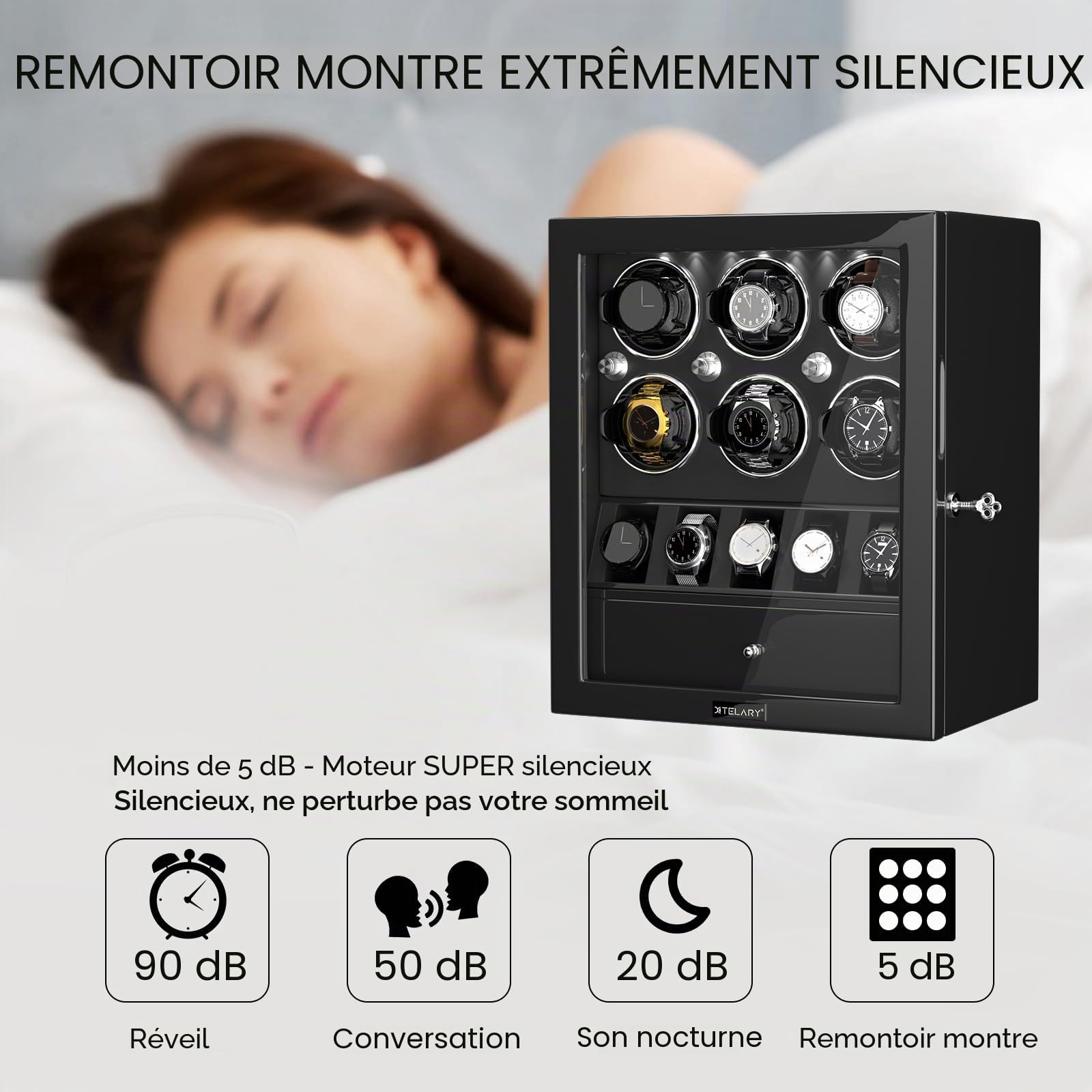XTELARY Remontoir de Montre verrouillable Noir pour 2/4/6/8 avec 3/6 emplacements mémoire, tiroir de Rangement, 4 Modes de Rotation, lumière LED Blanche, Moteur Super Silencieux