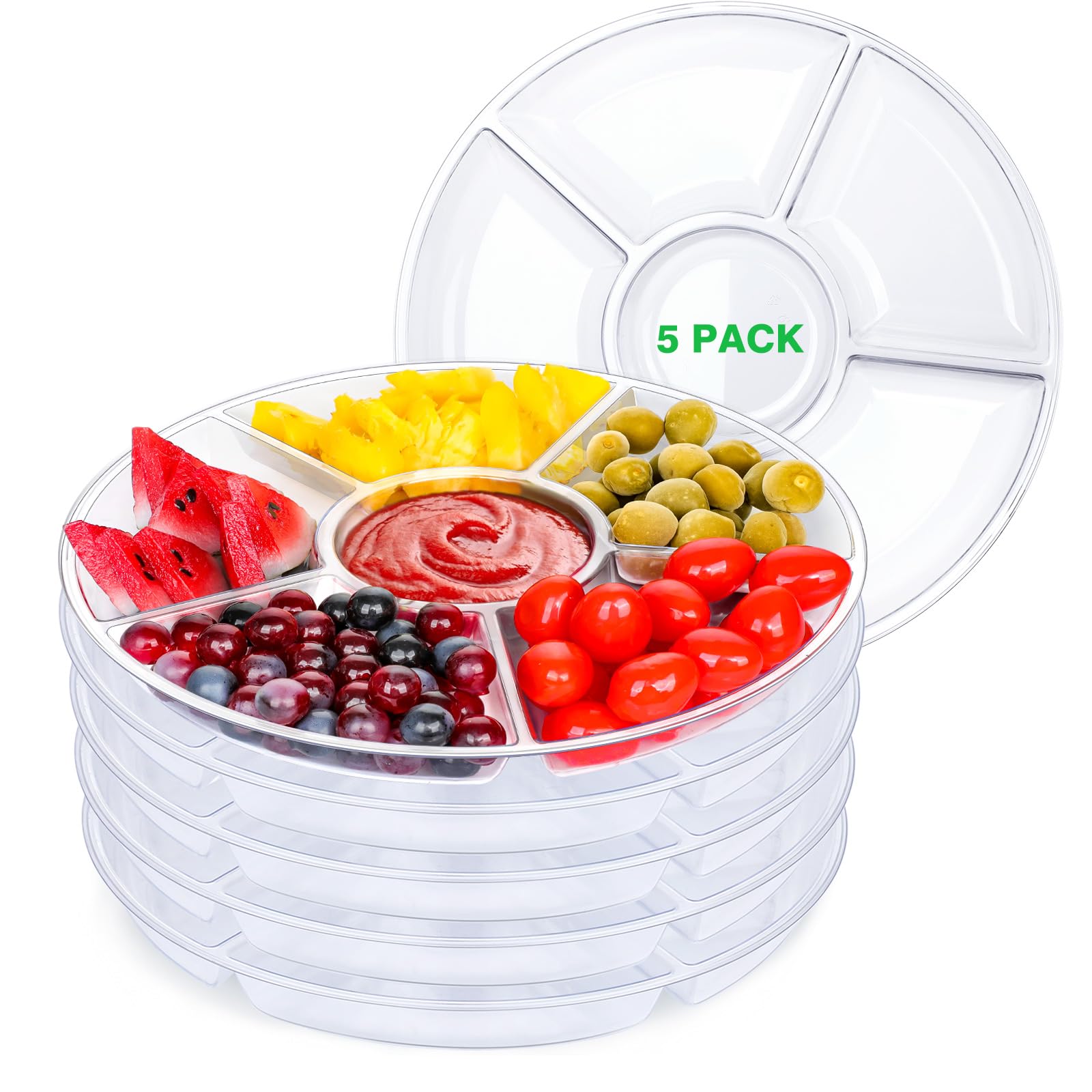 5 Pcs Clear 6 Sectional Round Veggie Platters and Trays - Reusable Plastic Divided Appetizer and Fruit Platter - Vegetable Snack Tray - Food Storage