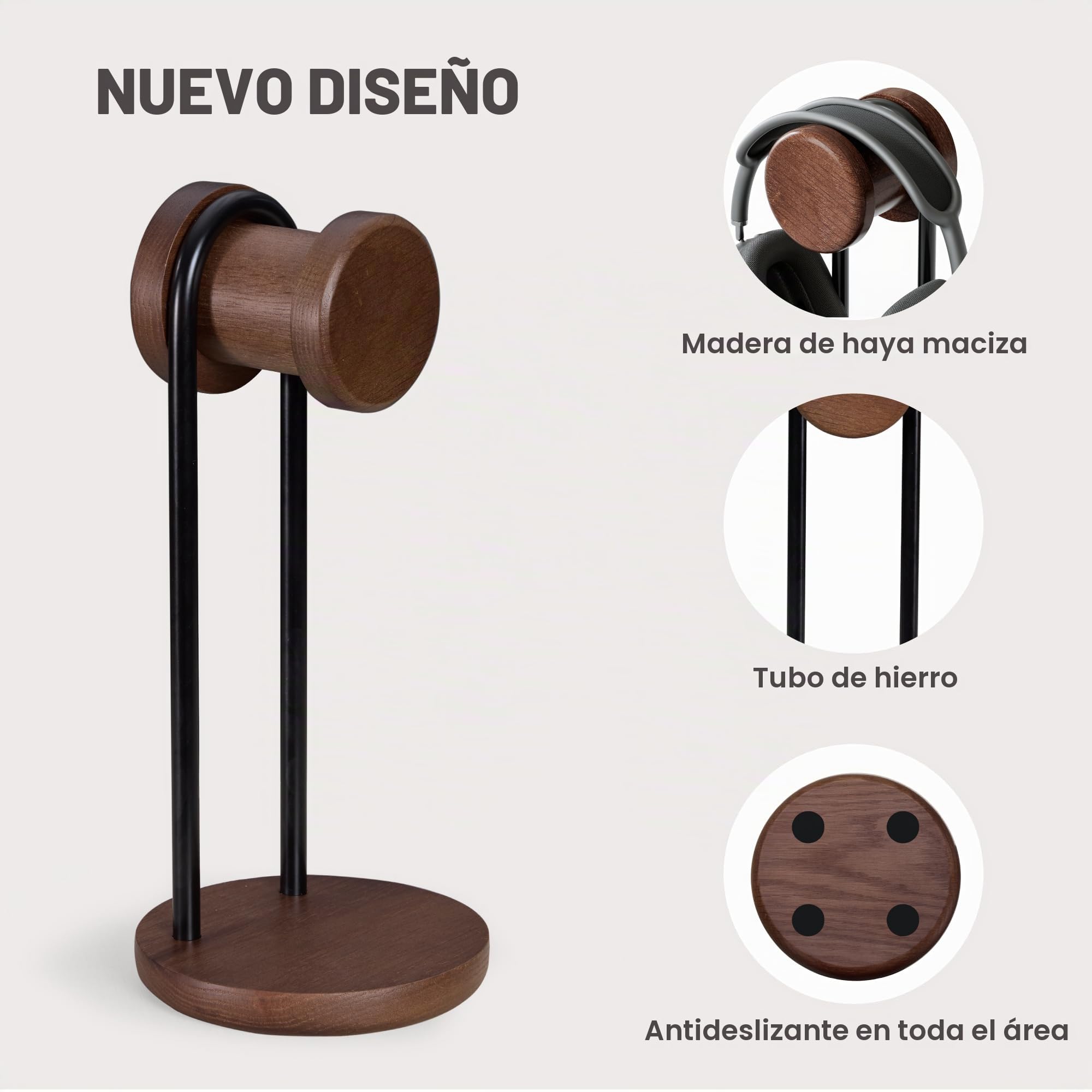 Fenge Soporte Auriculares de Madera Maciza Natural y Metal, Universal para Escritorio, Base Ponderada con Almacenamiento, Sujeción Diadema Gaming PC/Ordenador, Expositor, Oficina Hogar (Marrón)
