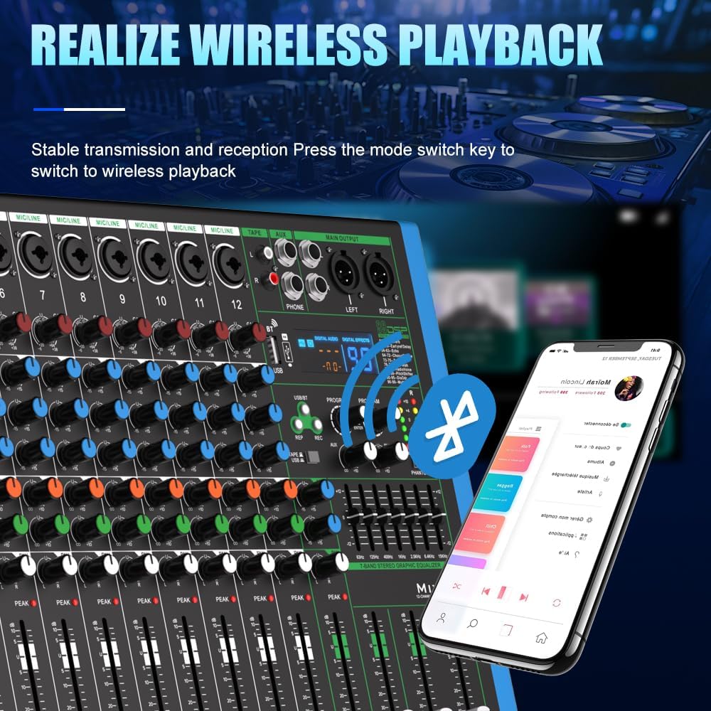 Nuoxiange MIX-12 mixer connected via Bluetooth to a smartphone for wireless music playback