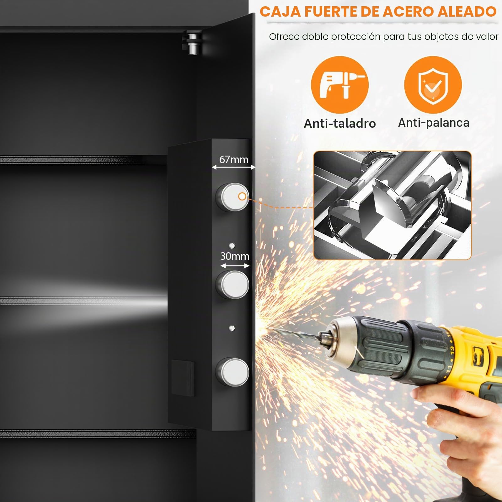 85 l extra grande incombustible caja fuerte para el hogar, caja fuerte ignífuga resistente al agua con llave, luz con sensor y 3 estantes extraíbles, caja fuerte antilibro para dinero, documentos