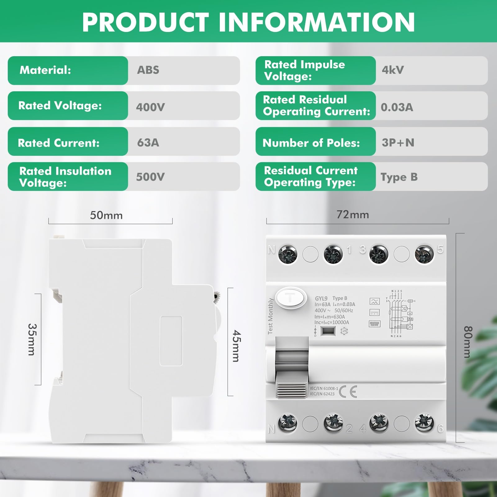 Jadeshay Disyuntor Diferencial Tipo B 3P+N 63A 30mA 400V RCCB Interruptor Diferencial Residual para Sistema Fotovoltaico Estación de Carga y Equipo Industrial