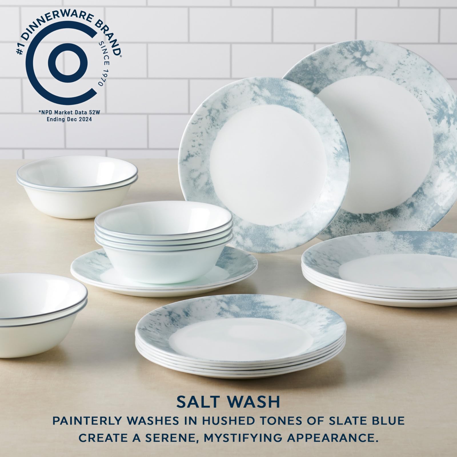 Corelle Juego De Vajilla De 12 Piezas, Servicio Para 4 Personas, Lavado De Sal, Azul Pizarra