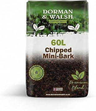 Dorman & Walsh 60L Chipped Mini-Bark, Decorative Bark Mulch for Beds & Borders   Moisture Retention, Weed Control & Root Protection