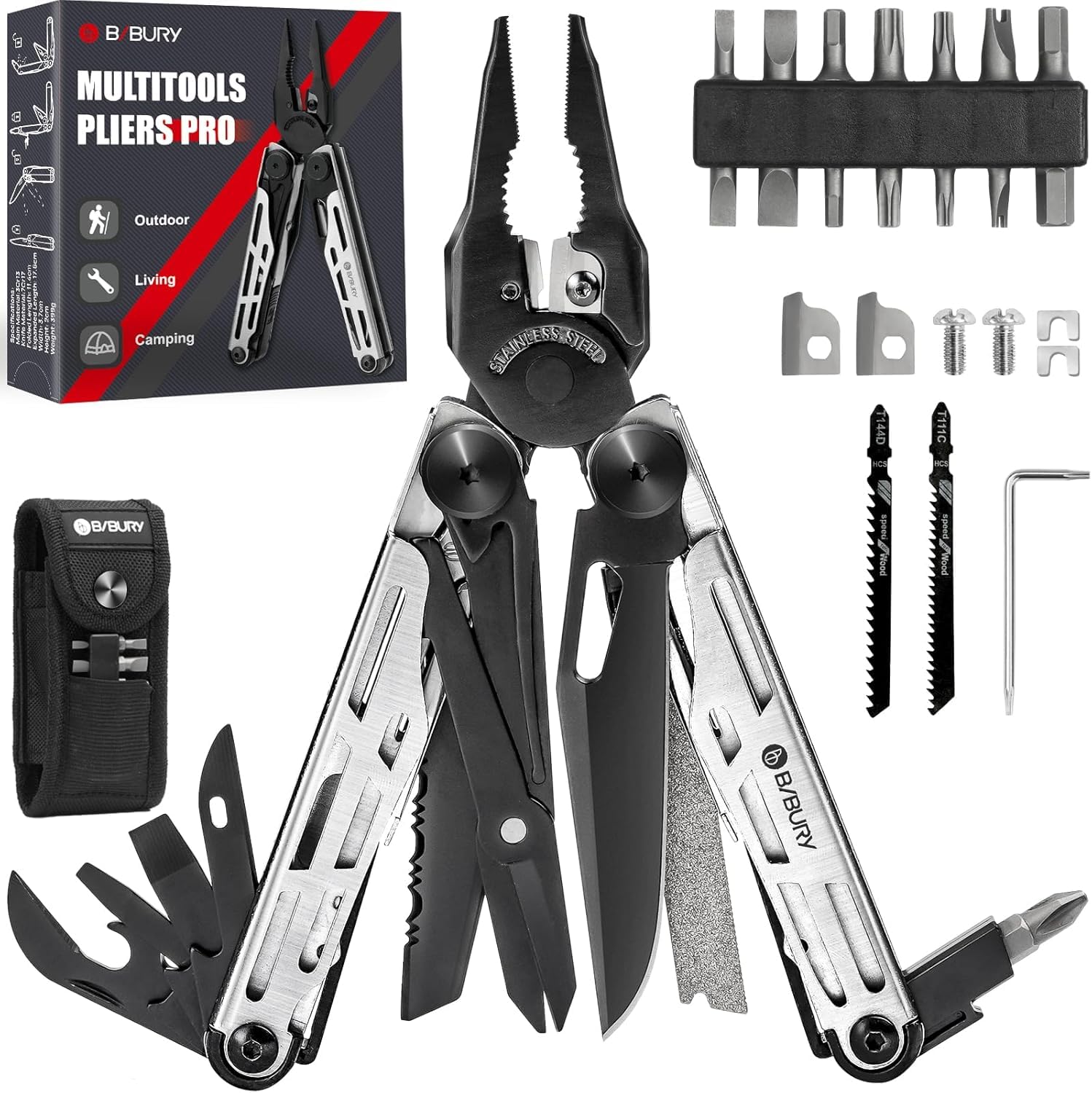 BIBURYMultitool Pliers Pro BI2045, Stainless Steel 31-in-1 Multi Tool Pliers with Replaceable Wire Cutters and Saw,Foldable Multitools with Scissors and Screwdriver, Ideal for Camping,Survival,Repair