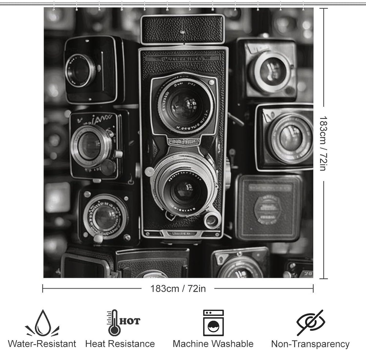 Vintage Camera Shower Curtains Set 4 Piece with Non-Slip Rugs, Toilet Lid Cover and Bath Mat Soft Bathroom Carpet Waterproof Bathroom Curtain with 12 Hooks for Bathroom Decor