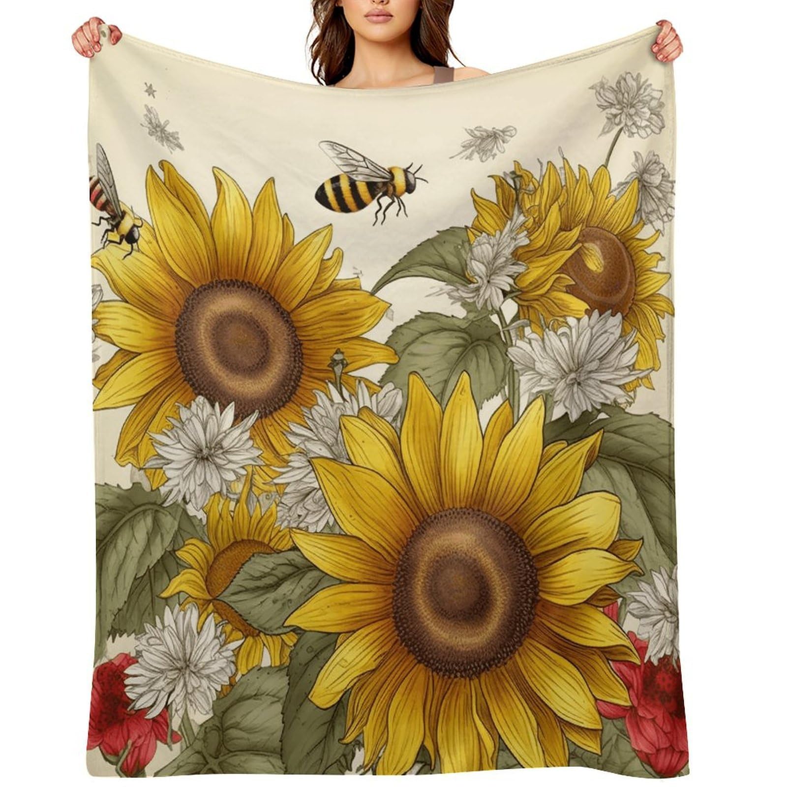 Bees Sunflowers Daisy Rose Flowers Throw Blanket for Couch and Bed Super Soft Warm Lightweight Throw Blankets Cozy Fuzzy Flannel Blanket Personalized Decorative Blankets for Sofa Decor 50"x60"