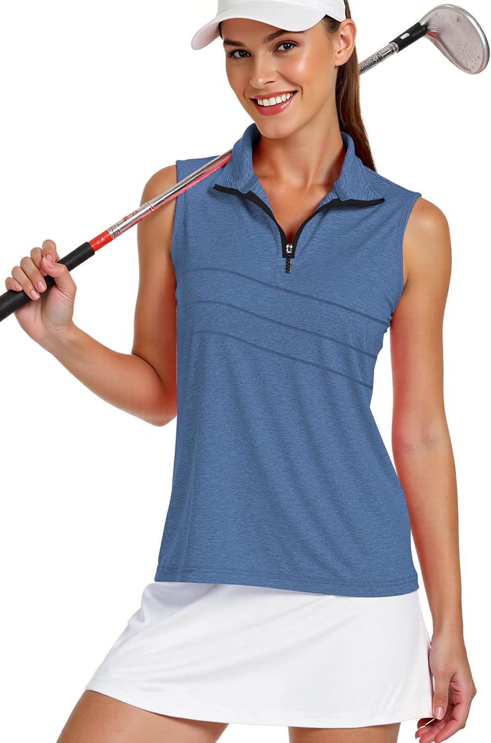 AURUZA Womens Golf Shirt, Sleeveless Polo Shirts for Women V Neck Zip Collar Athletic Workout Tennis Tank Top Summer Outfit