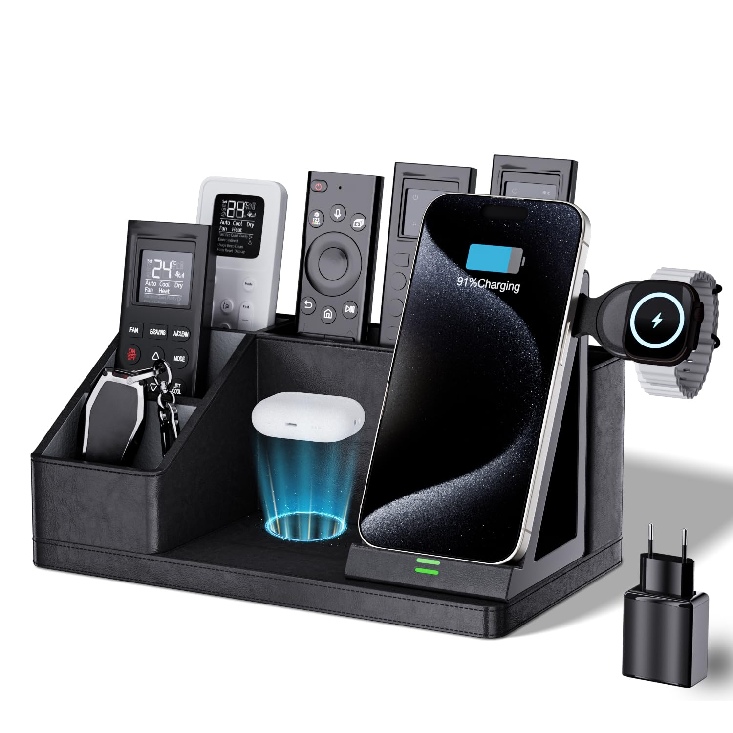 GORESE Organizer da scrivania 3 in 1 con stazione di ricarica induttiva in pelle per ufficio, 30 W ricarica wireless per iPhone 16/15/14/13/12/11/Pro/Max/XS iWatch7/6/5/4/3 AirPods3/2 AirPods 3/2/Pro