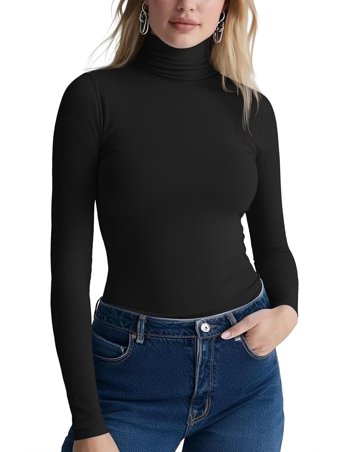 Zengjo Long Sleeve Turtleneck Women Stretch Short Sleeve Tops Fitted Tee Shirt