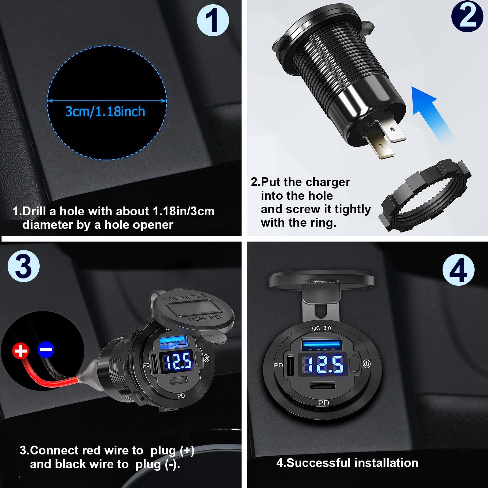 Gniazdo ładowarki samochodowej USB C 12 V gniazdo USB 2 sztuki: najnowszy aluminiowy metal 58 W podwójny PD3.0 20 W USB C i 18 W port QC3.0 gniazdo ładowarki Multi USB z przełącznikiem zasilania