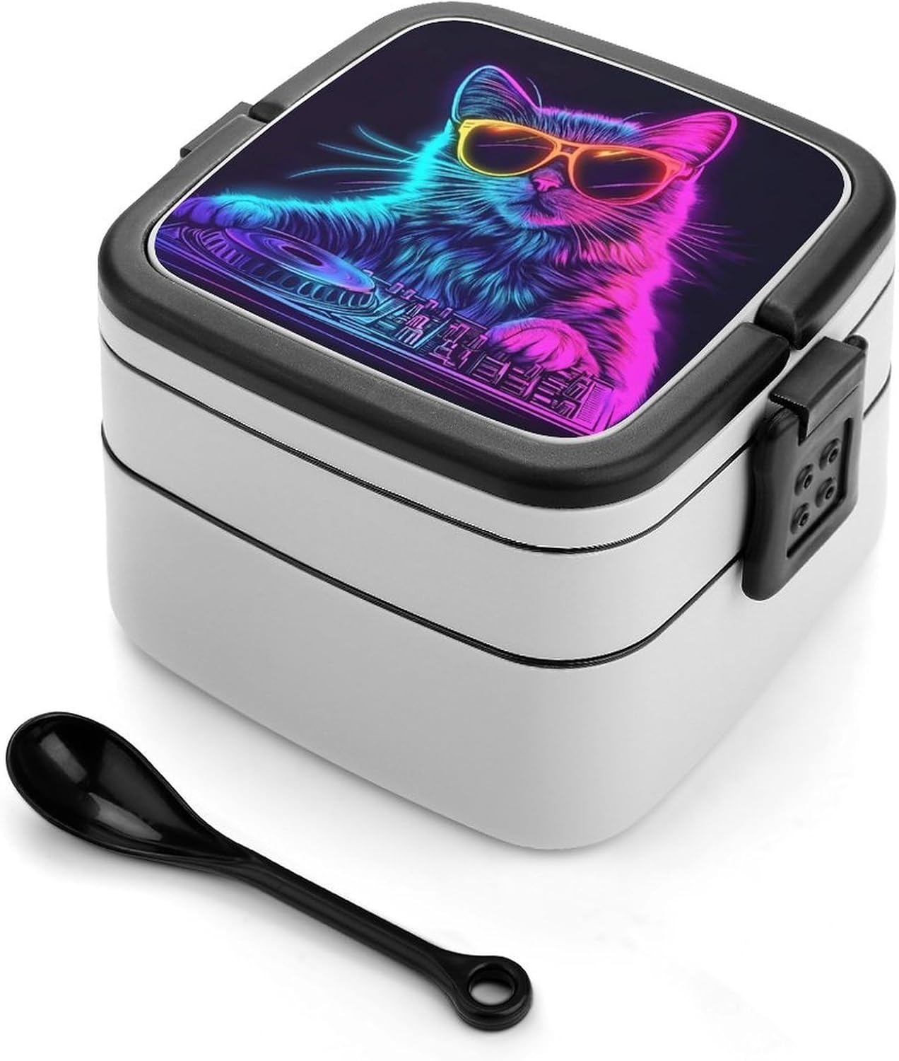 Rainbow DJ Cat Bento Box with Spoon 2 Layer Food Container Cute Lunch Box for Travel Dining Work