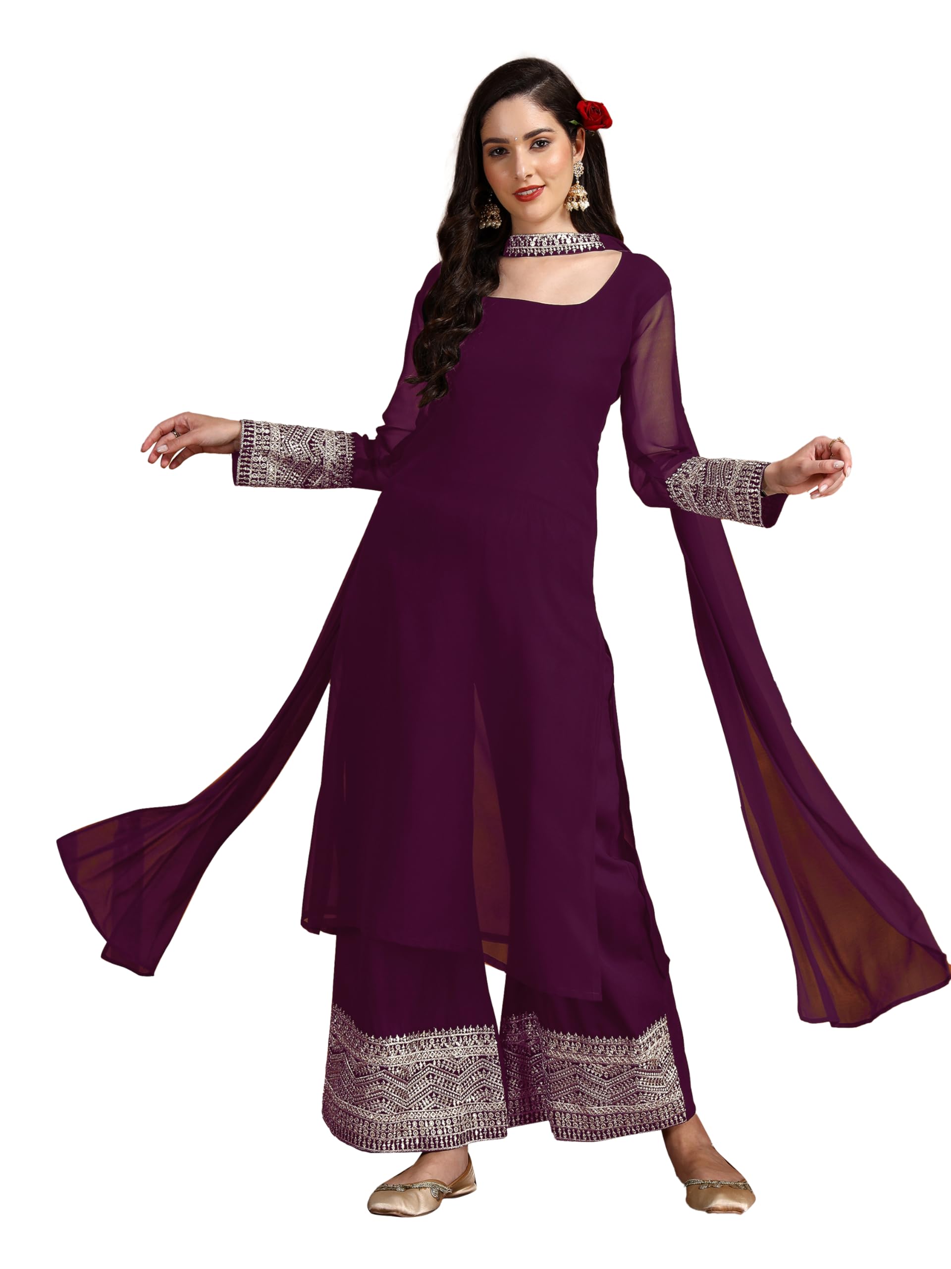 EthnicJunctionWomen's Georgette Embridered Kurta Palazzo and Dupatta Set