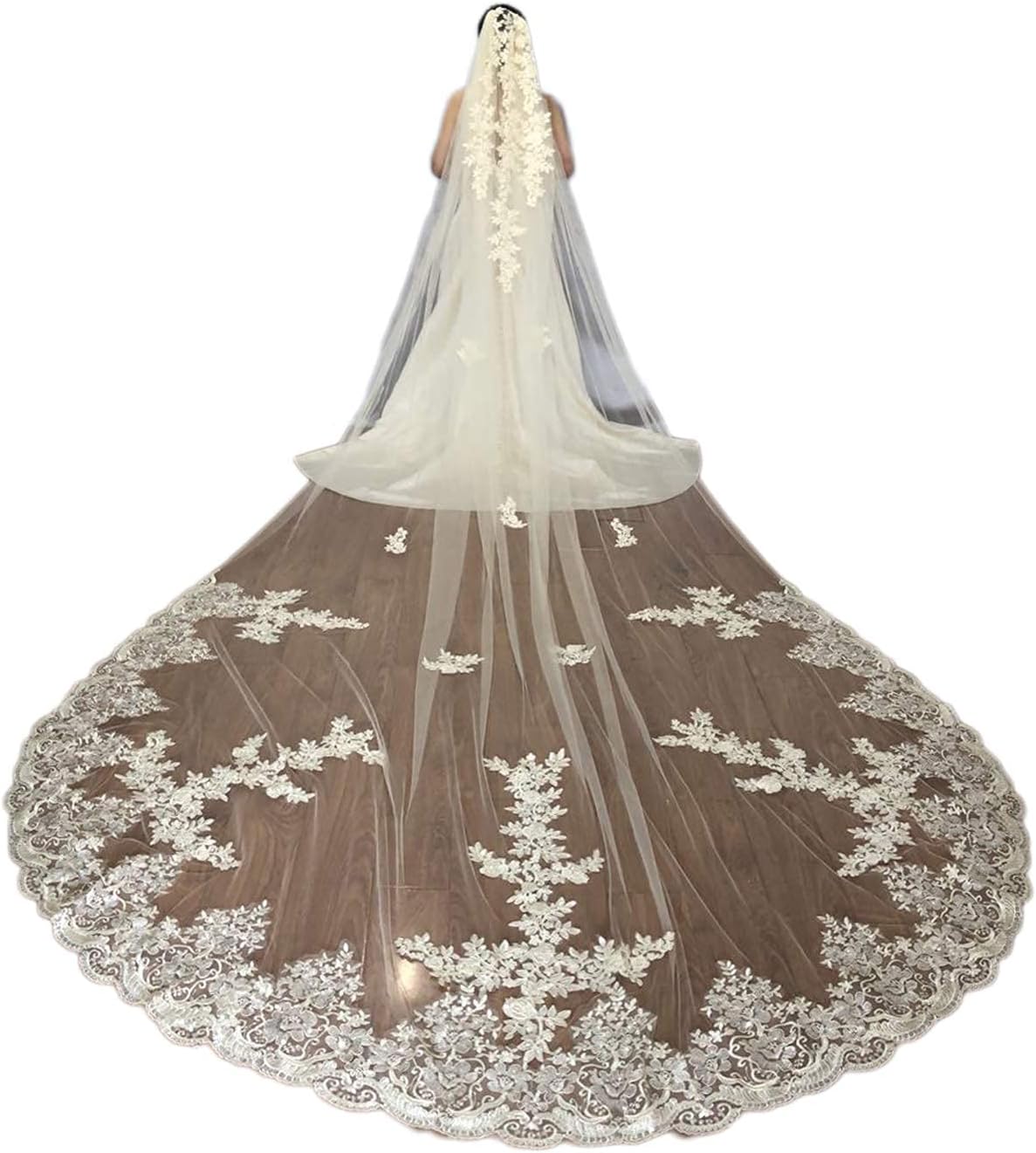 Wedding Veils Cathedral Long Floral Sequins Lace 5 Meters 1 Tier with Comb