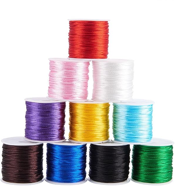PandaHall Elite 10 Rolls 1mm Rattail Satin Nylon Trim Cord Chinese Knot Kumihimo String Beading Thread for Bracelet Making Anklet Necklaces DIY Christmas Craft, 30m Each Roll, 10 Colors