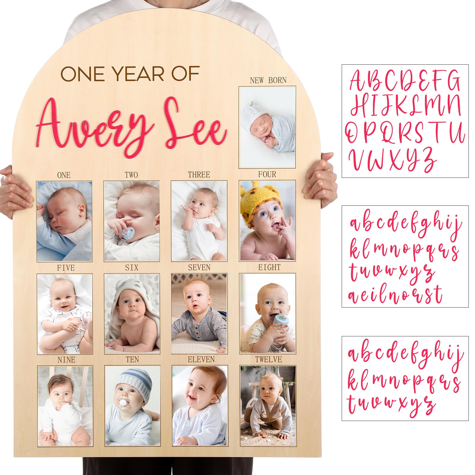 Leinuosen Tablica na zdjęcia z napisem "My First Year", ramka na zdjęcia 12 miesięcy, z filcowymi literami DIY, imieniem, dekoracje na 1. urodziny, prezenty dla chłopca, dziewczynki, noworodka