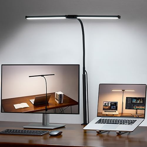 Lámpara LED de escritorio para oficina en casa, luz de arquitecto de doble cabezal con abrazadera, luz de clip para monitor de computadora, 3 modos