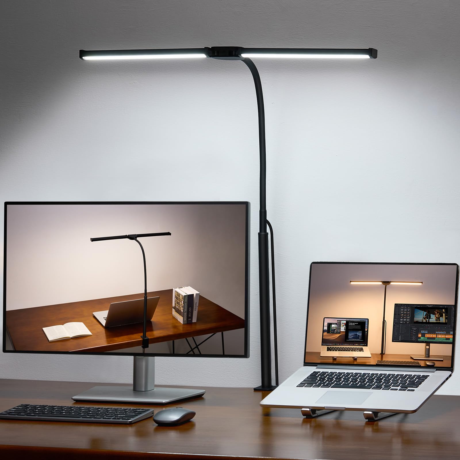 Voncerus LED Desk Lamp for Home Office, Double Head Architect Light with Clamp, Computer Monitor Clip on Light, 3 Modes and 10 Brightness, Adjustable