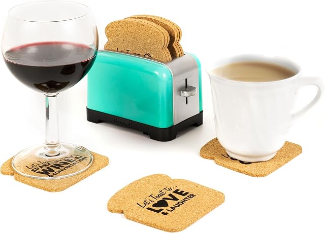Toaster Coaster, Set of 6 Cork Coasters Round and Surface Protector for Drink, Coffee, Tea, Beer, Wine at Home or Bar, Novelty Gift Idea (Teal)