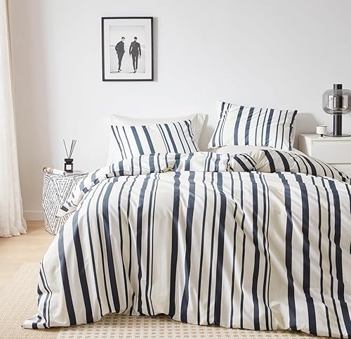 YuHeGuoJi Juego de funda de edredón a rayas negras, tamaño Queen, 100% algodón, color blanco neutro, juego de 3 piezas, 1 funda de edredón