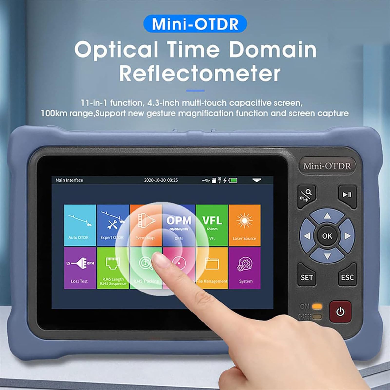 Probador de fibra óptica OTDR 1310/1550nm 26/24dB Rango de prueba 100km Pantalla táctil de 4,3" Soporte OPM VFL OLS Mapa de eventos Prueba RJ45 Tarjeta TF de 8 GB Conector de software de análisis