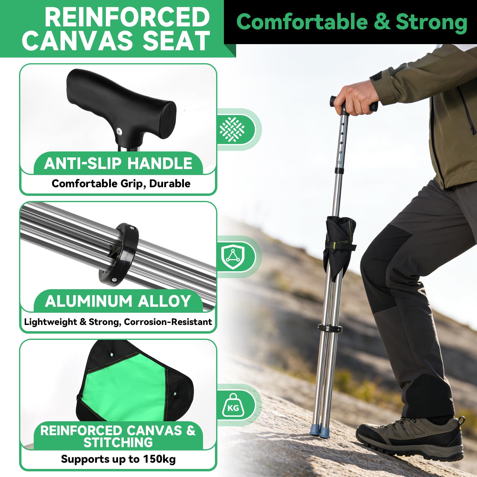 Bastone Trekking Pieghevole con Sedile, Bastone per Anziani con Allarme di Localizzazione Bluetooth, 0,95 kg Sgabello Pieghevole Portatile, per Escursionismo/Campeggio/Alpinismo/Pesca, Portata 150 kg