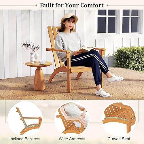 Miniatura 7 de Tangkula Silla Adirondack para exteriores, silla de madera de acacia maciza con respaldo inclinado, asiento curvado y reposabrazos anchos, silla de