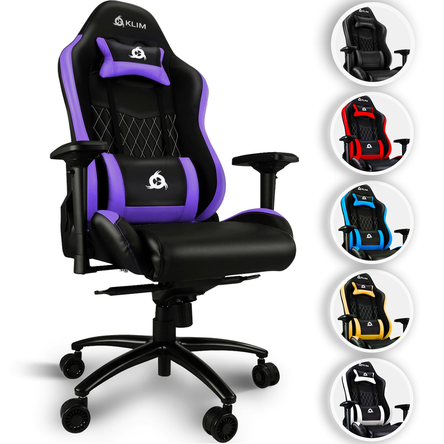 KLIM Esports Silla Gaming Ergonómica - Nuevo 2024 - con Soporte Lumbar y Cervical - Reclinable - Silla de Escritorio Ajustable - Piel Sintética y Materiales Premium - Silla Gamer - Violeta