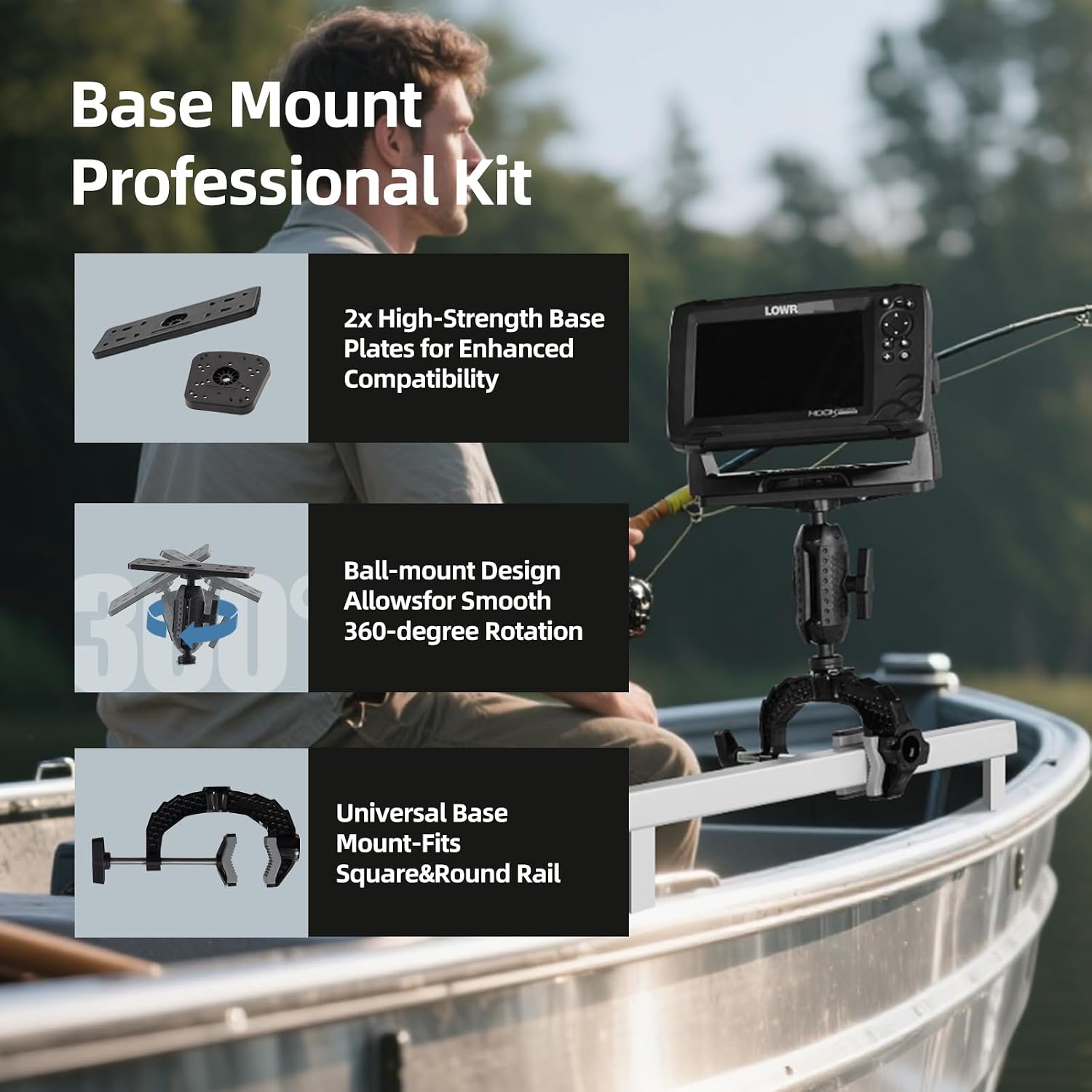 HITORHIKE Kayak Fish Finder Mount with Aluminum Alloy Base and Transducer Arm Options, Wide-Range Clamp (0.59"-4.53") for Round Square Tubes Holds up to 9" Garmin Lowrance Humminbird（Clamp Mount Set）